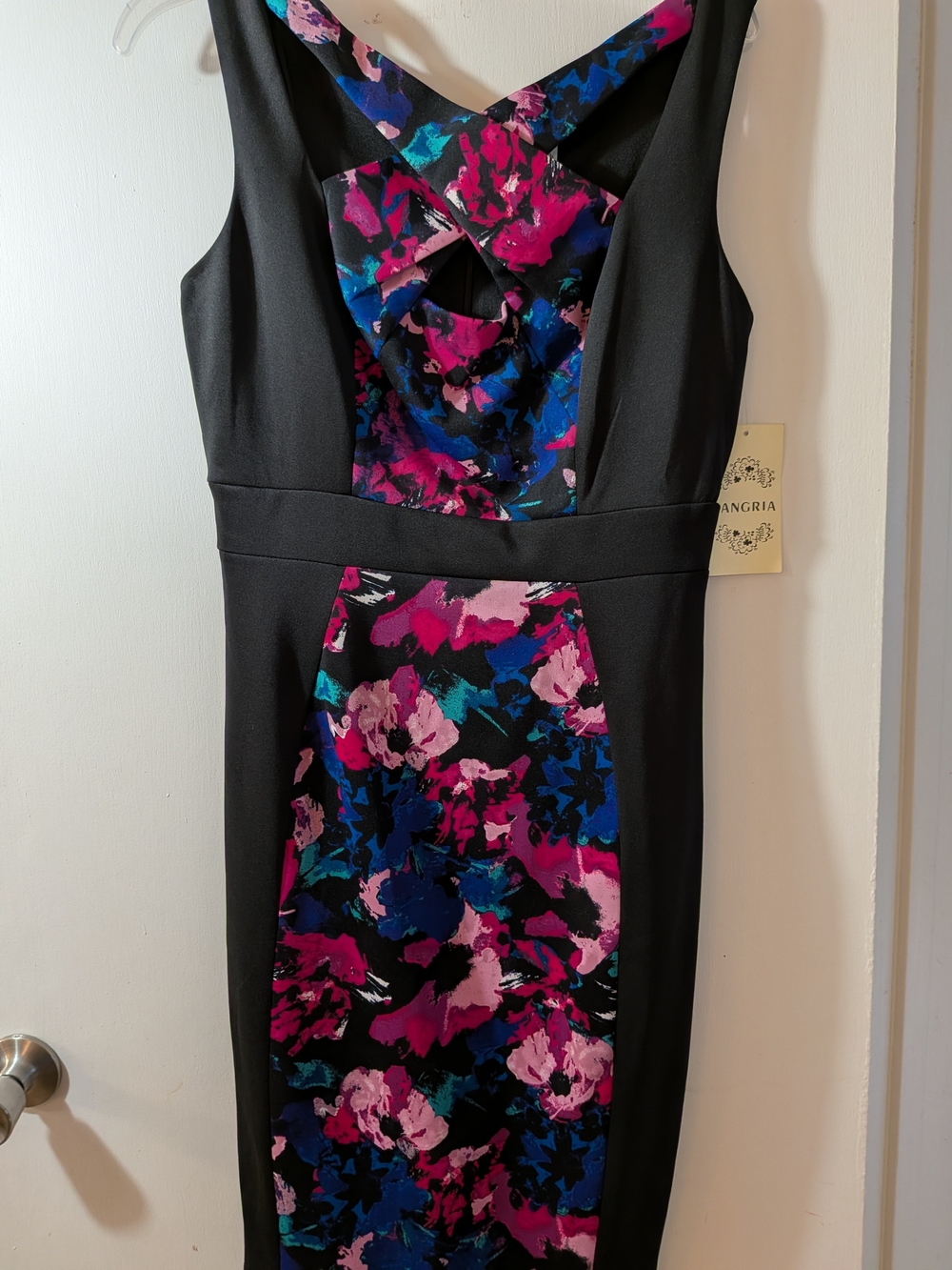 Signature by Sangria Black Dress with Pink and Blue Floral Panels